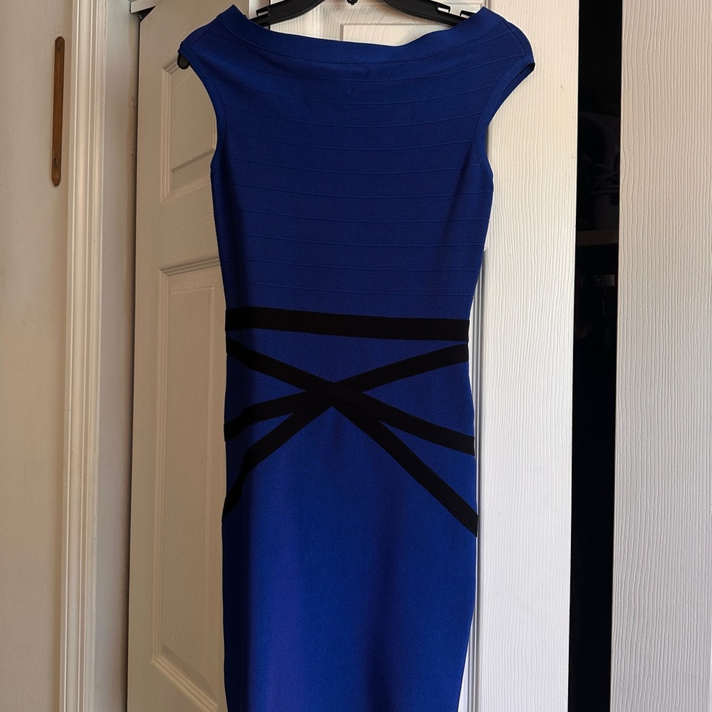 Bebe Blue and Black Sheath Midi Dress Sleeveless Bateau